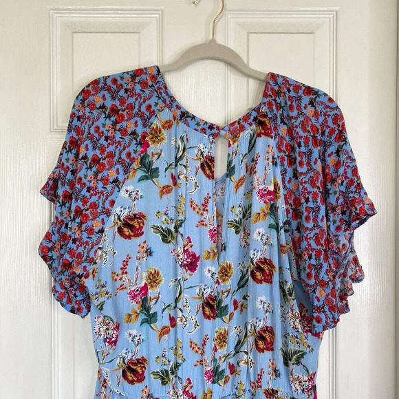 UMGEE + Floral Mixed Print Split Neck Ruffle Sleeve Romper Sky Blue Plus Size 2X - Picture 6 of 7